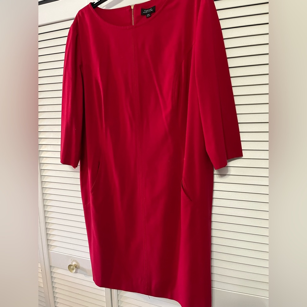 Tahari Red lined dress. With pockets. Knee length.